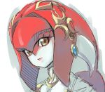  1girl closed_mouth dutch_angle highres kawakami_rokkaku looking_at_viewer mipha portrait red_hair red_skin sketch smile solo tentacle_hair the_legend_of_zelda the_legend_of_zelda:_breath_of_the_wild two-tone_skin white_background white_skin 