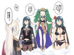  3girls bikini black_bikini blue_hair braid breasts byleth_(fire_emblem) byleth_(fire_emblem)_(female) cleavage dress edelgard_von_hresvelg fire_emblem fire_emblem:_three_houses flower fukuroumori garreg_mach_monastery_uniform green_hair hair_flower hair_ornament hair_ribbon highres honest_axe long_hair multiple_girls navel open_mouth pointy_ears ribbon ribbon_braid short_hair side_braid simple_background smile sothis_(fire_emblem) swimsuit tiara translation_request twin_braids 