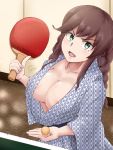  1girl ball bangs bath_yukata braid breasts brown_hair cleavage green_eyes highres japanese_clothes kaminashi_yamato kantai_collection kimono large_breasts long_hair looking_at_viewer no_bra noshiro_(kantai_collection) open_mouth paddle solo swept_bangs table table_tennis_ball table_tennis_paddle twin_braids upper_body yukata 