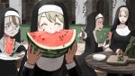  blonde_hair blush catholic diva_(hyxpk) dress eating food fruit glasses grass habit highres ivy long_hair multiple_girls nun open_mouth original plate watermelon watermelon_seeds wooden_table 