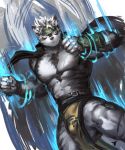  1boy abs animal_ears bara body_hair bulge chest furry grey_hair headband highres horkeu_kamui_(tokyo_houkago_summoners) jacket jacket_on_shoulders jang_ju_hyeon male_focus manly multicolored_hair muscle pectorals revealing_clothes shirtless silver_hair simple_background solo thighs tokyo_houkago_summoners upper_body 