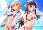  2girls absurdres american_flag_bikini arm_behind_back bangs bare_shoulders beach bikini blonde_hair blue_eyes blush breasts brown_eyes brown_hair cleavage collarbone day eyebrows_visible_through_hair flag_print hair_between_eyes hand_in_pocket hand_up highres jacket kanojo_okarishimasu large_breasts long_hair looking_at_viewer medium_breasts mizuhara_chizuru multiple_girls nanami_mami navel open_clothes open_mouth outdoors parted_lips pink_bikini short_hair smile stomach swimsuit wachiroku_(masakiegawa86) wet 