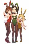  3girls :d animal_ears bare_shoulders black_hair black_ribbon blonde_hair blue_eyes bow bowtie brown_eyes brown_hair brown_legwear brown_neckwear bunny_day bunny_ears bunny_tail bunnysuit child copyright_request covered_navel detached_collar fake_animal_ears fake_tail fishnet_legwear fishnets glasses green_eyes green_footwear green_leotard hair_ornament hair_ribbon hairband hand_up high_heels highres leaning_forward leotard looking_at_viewer mini_necktie multiple_girls one_side_up open_mouth pantyhose parted_lips red_footwear red_leotard ribbon semi-rimless_eyewear shirabi simple_background smile standing tail two_side_up under-rim_eyewear v white_background wristband x_hair_ornament yellow_footwear yellow_leotard 