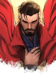  1boy adjusting_clothes black_hair cape close-up closed_eyes collar cropped_torso doctor_strange doctor_strange_(series) facial_hair highres jang_ju_hyeon light male_focus multicolored_hair mustache shiny shiny_hair solo superhero white_hair 