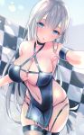  1girl azur_lane bangs bare_shoulders blue_eyes blush breasts cleavage collarbone commentary_request criss-cross_halter eyebrows_visible_through_hair garter_straps halterneck head_tilt highres large_breasts leaning_forward long_hair looking_at_viewer mole mole_under_eye navel navel_cutout one_side_up outstretched_arm parted_lips pelvic_curtain race_queen seia_(tikxxx) shoukaku_(azur_lane) shoukaku_(sororal_wings)_(azur_lane) solo standing thighhighs very_long_hair 