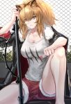  1girl absurdres animal_ears arknights bangs bare_legs black_jacket blonde_hair breasts candy chain-link_fence cleavage fence food fur-trimmed_jacket fur_trim hair_between_eyes highres holding holding_food jacket knee_up large_breasts lion_ears lollipop long_hair looking_at_viewer planted_weapon siege_(arknights) sitting solo tank_top thighs weapon white_tank_top wildbori yellow_eyes 