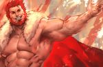  1boy abs bara beard body_hair cape chest facial_hair fate/zero fate_(series) iskandar_(fate) jang_ju_hyeon male_focus manly muscle nipples pectorals red_eyes red_hair shirtless simple_background smile solo upper_body 