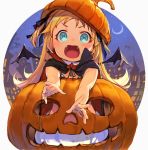  1girl :d bat bat_wings black_bra black_cape black_neckwear black_ribbon blonde_hair blue_eyes bra cape fangs high_collar jack-o&#039;-lantern long_hair looking_at_viewer neck_ribbon open_mouth original pumpkin ribbon shirabi sky smile solo standing star_(sky) starry_moon starry_sky underwear vampire wings 