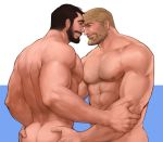  2boys abs ass ass_grab bara beard body_hair chest eye_contact facial_hair head_to_head jang_ju_hyeon looking_at_another male_focus manly multiple_boys muscle nipples nude original pectorals simple_background smile upper_body yaoi 