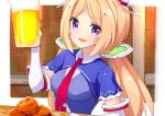  1girl :d aki_rosenthal alcohol ame. bangs beer beer_mug blonde_hair blue_vest blush breasts brick_wall collared_dress commentary_request cup dress elbow_gloves eyebrows_visible_through_hair food gloves hand_up headgear highres holding holding_cup hololive long_hair looking_at_viewer low_twintails medium_breasts mug open_mouth parted_bangs purple_eyes red_neckwear short_sleeves shrug_(clothing) smile solo table twintails upper_body very_long_hair vest virtual_youtuber white_dress white_gloves 