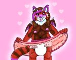  ailurid anthro blush bottomwear breasts clothing clothing_lift demon_wings diaper female fur hair hi_res horn humiliation hybrid imp looking_at_viewer mammal nipples orchidfomantis_(artist) red_panda simple_background skirt skirt_lift smile solo tongue tongue_out 