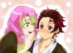  1boy 1girl :d black_kimono blush braid brown_eyes brown_hair collarbone commentary_request earrings embarrassed forehead_scar gradient_hair green_eyes green_hair hair_over_shoulder hanafuda japanese_clothes jewelry kamado_tanjirou kanroji_mitsuri kimetsu_no_yaiba kimono mole mole_under_eye multicolored_hair open_mouth pink_hair san_mon smile sweatdrop twin_braids upper_body 