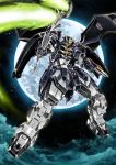  beam_scythe clenched_hands garimpeiro glowing glowing_eyes green_eyes gundam gundam_deathscythe_hell gundam_wing highres holding holding_scythe looking_down mecha mechanical_wings moon multiple_wings no_humans scythe v-fin wings 