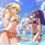  3girls :d \o/ alia_(rockman) android arm_up armlet armpits arms_up bangs bare_shoulders bikini bikini_skirt blonde_hair blue_bikini blue_eyes blue_sky blunt_bangs blush bracelet breasts cleavage cloud commentary_request cowboy_shot dark_skin day eyebrows_visible_through_hair flat_chest green_eyes groin hair_between_eyes headgear highres hime_cut jewelry large_breasts layer_(rockman) long_hair looking_at_viewer midriff mitsunagami mole mole_under_eye multiple_girls navel ocean open_mouth outdoors outstretched_arms palette_(rockman) polka_dot polka_dot_bikini purple_hair purple_scarf robot_ears rockman rockman_x rockman_x_dive scarf sidelocks sky smile standing swimsuit twintails wading water_drop wet yellow_bikini 