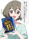  1girl :d bangs box brown_eyes eighth_note eyebrows_visible_through_hair grey_hair gundam gundam_build_divers gundam_build_divers_re:rise gundam_build_fighters gunpla hair_between_eyes holding holding_box looking_at_viewer mukai_hinata musical_note open_mouth short_hair simple_background smile solo speech_bubble thick_eyebrows translation_request white_background youhei_64d 