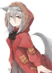  2020 5_fingers animal_humanoid arknights blush canid canid_humanoid clothing female fingers hair hi_res hooded humanoid jacket kashiyarrm looking_at_viewer mammal mammal_humanoid projekt_red_(arknights) silver_hair simple_background solo topwear white_background 