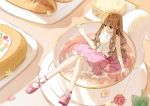  1girl bangs bow brown_eyes brown_hair chunzisame cup eyebrows_visible_through_hair fate/extra fate_(series) flower food in_container in_cup kishinami_hakuno_(female) long_hair minigirl pink_footwear pink_skirt rose sandwich shirt sitting skirt solo teacup white_legwear white_shirt 