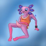  (fortnite) 1:1 amphibian animal_genitalia anthro axo axolotl bottomless clothed clothing dishwater_(artist) embarrassed epic_games erection fortnite full-length_portrait genitals gradient_background half_naked jersey male mole_salamander nervous penis portrait salamander_(amphibian) sheath simple_background sitting slit smile solo sweatband video_games 