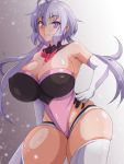  1girl ahoge aimo_(aimo1214) breasts cleavage highleg highleg_leotard highres huge_breasts large_breasts lavender_hair leotard long_hair looking_at_viewer low_twintails pink_leotard purple_eyes scrunchie senki_zesshou_symphogear shiny shiny_clothes shiny_hair shiny_skin skindentation solo standing thighhighs twintails white_legwear yukine_chris 
