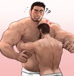  2boys ?? abs bara beard between_pecs black_hair blush body_hair chest facial_hair highres jang_ju_hyeon looking_at_another male_focus manly multiple_boys muscle nipples original pectorals shirtless simple_background size_difference smile upper_body yaoi 