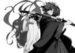  1girl 2boys closed_mouth double_v eyebrows_visible_through_hair fate/grand_order fate_(series) fedora floating gloves greyscale hair_over_one_eye hand_up hat holding holding_sword holding_weapon jacket katana long_sleeves looking_at_viewer monochrome multiple_boys neckerchief okada_izou_(fate) one_eye_covered oryou_(fate) pleated_skirt ponytail sakamoto_ryouma_(fate) school_uniform serafuku sheath sheathed shirabi skirt smile sword v weapon white_background 