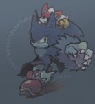  2009 ambiguous_gender anthro biped black_eyes blue_body blue_fur carrying chip_(sonic) claws clothing dated duo english_text eulipotyphlan footwear frown fur green_eyes male mammal niwa0w0 on_head red_body red_fur shoes sonic_the_hedgehog_(series) sonic_the_werehog sonic_unleashed text were wereeulipotyphlan werehog white_body white_fur 