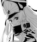  1girl altair_(re:creators) bangs closed_mouth greyscale hair_between_eyes hat highres jacket kawakami_rokkaku long_hair looking_at_viewer monochrome peaked_cap re:creators shako_cap simple_background smile solo two_side_up white_background 