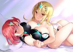  2girls absurdres ass bangs bare_shoulders black_swimsuit blonde_hair blush breasts chest_jewel cleavage collarbone daive earrings headpiece highres hikari_(xenoblade_2) homura_(xenoblade_2) jewelry large_breasts long_hair looking_at_viewer multiple_girls one-piece_swimsuit red_eyes red_hair short_hair smile swept_bangs swimsuit thighs tiara white_swimsuit xenoblade_(series) xenoblade_2 yellow_eyes 
