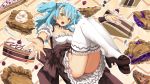  1girl apron blue_hair breasts butt_crack cake choker cleavage fetal_position food frilled_choker frills garimpeiro highres maid maid_apron maid_headdress medium_breasts no_panties open_hands original outstretched_arm pastry pie short_twintails solo thighhighs twintails yellow_eyes 