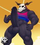  balls bisexual_pride_colors canid canine clothing elfein elias_ainsworth erection genitals hi_res humanoid lgbt_pride looking_at_viewer male mammal muscular muscular_male penis pride_colors shirt smile solo tank_top topwear 