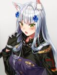  1girl animal_ear_fluff animal_ears bangs blunt_bangs blush breasts cat_ears fangs girls_frontline green_eyes hk416_(girls_frontline) kemonomimi_mode long_hair looking_at_viewer medium_breasts open_mouth sidelocks silence_girl silver_hair solo teardrop_tattoo tongue tongue_out very_long_hair 