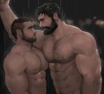  2boys abs bara beard body_hair chest chest_hair couple eye_contact facial_hair highres imminent_kiss jang_ju_hyeon looking_at_another male_focus manly multiple_boys muscle nipples original pectoral_docking pectorals rain shirtless simple_background wet yaoi 