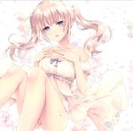  1girl alpha_(yukai_na_nakamatachi) babydoll blonde_hair bow collarbone floating_hair floral_background hands_on_own_chest long_hair open_mouth original panties purple_eyes solo twintails underwear white_babydoll 