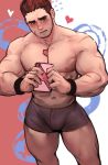  1boy abs bara beard between_pecs blush body_hair brown_hair bulge chest facial_hair gift gunzo_(tokyo_houkago_summoners) highres jang_ju_hyeon looking_at_viewer male_focus male_underwear manly muscle nipples pectorals shirtless simple_background thick_thighs thighs tokyo_houkago_summoners underwear upper_body valentine 