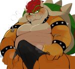  2020 anthro balls belly blush bodily_fluids bowser clothing cute_fangs erection erection_under_clothing genitals hi_res humanoid_hands hyaku_(artist) kemono koopa male mario_bros nintendo overweight overweight_anthro overweight_male penis scalie simple_background solo sweat underwear video_games white_background 