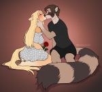  2020 5_fingers anthro clothed clothing digital_media_(artwork) duo equid equine eyebrows eyelashes female fingers hair hi_res hooves horse kneeling kyotoleopard male mammal procyonid raccoon 