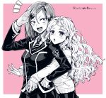  2girls ayakashi_triangle cardigan cellphone highres hug hug_from_behind kazakamiokenai multiple_girls partial_monochrome phone salute school_uniform smartphone toba_yayoi tsukioka_lucy 