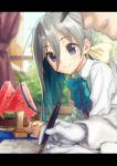  1boy 1girl admiral_(kantai_collection) blue_bow blue_hair blue_neckwear blurry blush bow bowtie closed_mouth collared_shirt curtains depth_of_field dress food fountain_pen fruit gloves gradient_hair hair_between_eyes hat highres indoors jewelry kantai_collection kawakami_rokkaku kiyoshimo_(kantai_collection) letterboxed long_hair long_sleeves multicolored_hair pen purple_eyes ring shirt silver_hair sleeveless sleeveless_dress smile solo_focus stamp table tray watermelon watermelon_seeds wedding_band white_gloves white_shirt window wing_collar writing 
