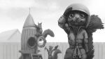  16:9 2020 ambiguous_gender armor building climbing clothed clothing detailed_background fence fluffy fluffy_tail fully_clothed fur gesture greyscale group headgear helmet ipoke looking_at_another looking_at_viewer mammal monochrome outside rodent salute sciurid smile spacecraft vehicle widescreen 