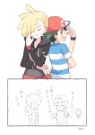  ... 2boys ^_^ ^o^ asymmetrical_bangs back-to-back bangs baseball_cap blonde_hair blush_stickers closed_eyes commentary_request ear_piercing gladio_(pokemon) hat highres looking_at_another male_focus mei_(maysroom) multiple_boys piercing pokemon pokemon_(anime) pokemon_sm_(anime) pose satoshi_(pokemon) shirt simple_background sketch sparkle striped striped_shirt tagme translation_request upper_body white_background yellow_eyes z-ring 