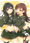  2girls absurdres adapted_costume arm_hug black_hair blue_eyes braid brown_eyes brown_hair cowboy_shot crop_top drooling gloves heart heart-shaped_pupils highres horosuke_(toot08) kantai_collection kitakami_(kantai_collection) long_hair looking_at_viewer midriff multiple_girls navel ooi_(kantai_collection) race_queen scan shiny shiny_skin simple_background single_thighhigh skirt symbol-shaped_pupils thighhighs white_gloves yuri 