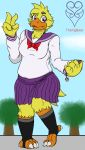  4_fingers alternate_form anthro anthrofied asian_clothing avian beak bird black_clothing black_legwear bottomwear bow_tie breasts cellphone chica_(fnaf) chicken claws clothing cupcake cupcake_(fnaf) east_asian_clothing feathers female fingers five_nights_at_freddy&#039;s fluffy fluffy_tail food footwear galliform gallus_(genus) japanese_clothing japanese_school_uniform legwear mammal non-mammal_breasts orange_beak overweight overweight_anthro overweight_female phasianid phone purple_bottomwear purple_clothing purple_eyes purple_skirt red_bow_tie school_uniform shirt shoes skirt slightly_chubby solo thevgbear thick_thighs toes topwear uniform video_games white_claws white_clothing white_shirt white_topwear wide_hips yellow_body yellow_feathers 