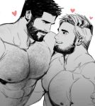  2boys abs bara beard body_hair bulge chest chest_hair couple eye_contact facial_hair greyscale highres jang_ju_hyeon looking_at_another male_focus manly monochrome multiple_boys muscle nipples original pectoral_docking pectorals shirtless simple_background yaoi 