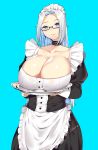  1girl apron arms_under_breasts blue_background blue_eyes borrowed_character breasts breasts_on_tray choker cleavage closed_mouth collarbone commission frills glasses highres holding holding_tray huge_breasts lilycious long_hair looking_at_viewer maid maid_dress maid_headdress original sidelocks silver_hair smile standing tray waist_apron 
