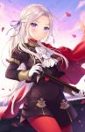  1girl :&lt; bangs black_dress black_jacket brick_wall cape closed_mouth commentary dress edelgard_von_hresvelg eyebrows_visible_through_hair fire_emblem fire_emblem:_three_houses forehead gloves hair_ribbon highres holding jacket long_hair long_sleeves looking_at_viewer moorina open_clothes open_jacket outdoors pantyhose parted_bangs petals puffy_short_sleeves puffy_sleeves purple_eyes purple_ribbon red_cape red_legwear ribbon short_over_long_sleeves short_sleeves silver_hair solo sunset very_long_hair white_gloves 