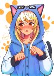  1girl alternate_hairstyle animal_hood blonde_hair blue_sweater blush cat_hood cat_tail commentary dark_skin doubutsu_no_mori embarrassed eyebrows_visible_through_hair fang highres hololive hood hoodie jack_(doubutsu_no_mori) long_hair long_sleeves looking_away looking_to_the_side multicolored_hair open_mouth paw_pose paw_print_background red_eyes sasaki_(glass1138) shiranui_flare sidelocks solo streaked_hair sweatdrop sweater tail two-tone_hair upper_body white_hair 