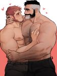  2boys abs bara beard body_hair bulge_press chest chest_hair couple eye_contact facial_hair highres imminent_kiss jang_ju_hyeon looking_at_another male_focus manly multiple_boys muscle nipples original pectoral_docking pectoral_grab pectorals shirtless simple_background yaoi 