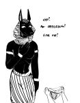  2020 anthro anubian_jackal anubis black_and_white canid canine canis clothed clothing deity dialogue egyptian_clothing egyptian_headdress egyptian_mythology english_text headdress hi_res hladilnik jackal jockstrap male mammal middle_eastern_mythology monochrome mythology solo text topless underwear 