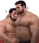  2boys :s abs bara beard blush body_hair chest chest_hair couple facial_hair forehead_kiss highres jang_ju_hyeon kiss male_focus manly multiple_boys muscle nipples original pectorals shirtless simple_background size_difference yaoi 