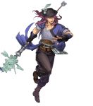  1boy alternate_costume belt boots feathers fingerless_gloves fire_emblem fire_emblem:_the_binding_blade fire_emblem_heroes full_body geese_(fire_emblem) gloves hat highres long_hair official_art open_mouth pirate_hat polearm purple_eyes purple_hair solo spear teeth transparent_background weapon 